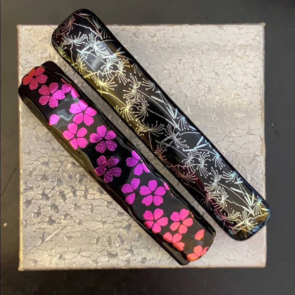 Dichroic Glass hair barrette x 2 large French clip